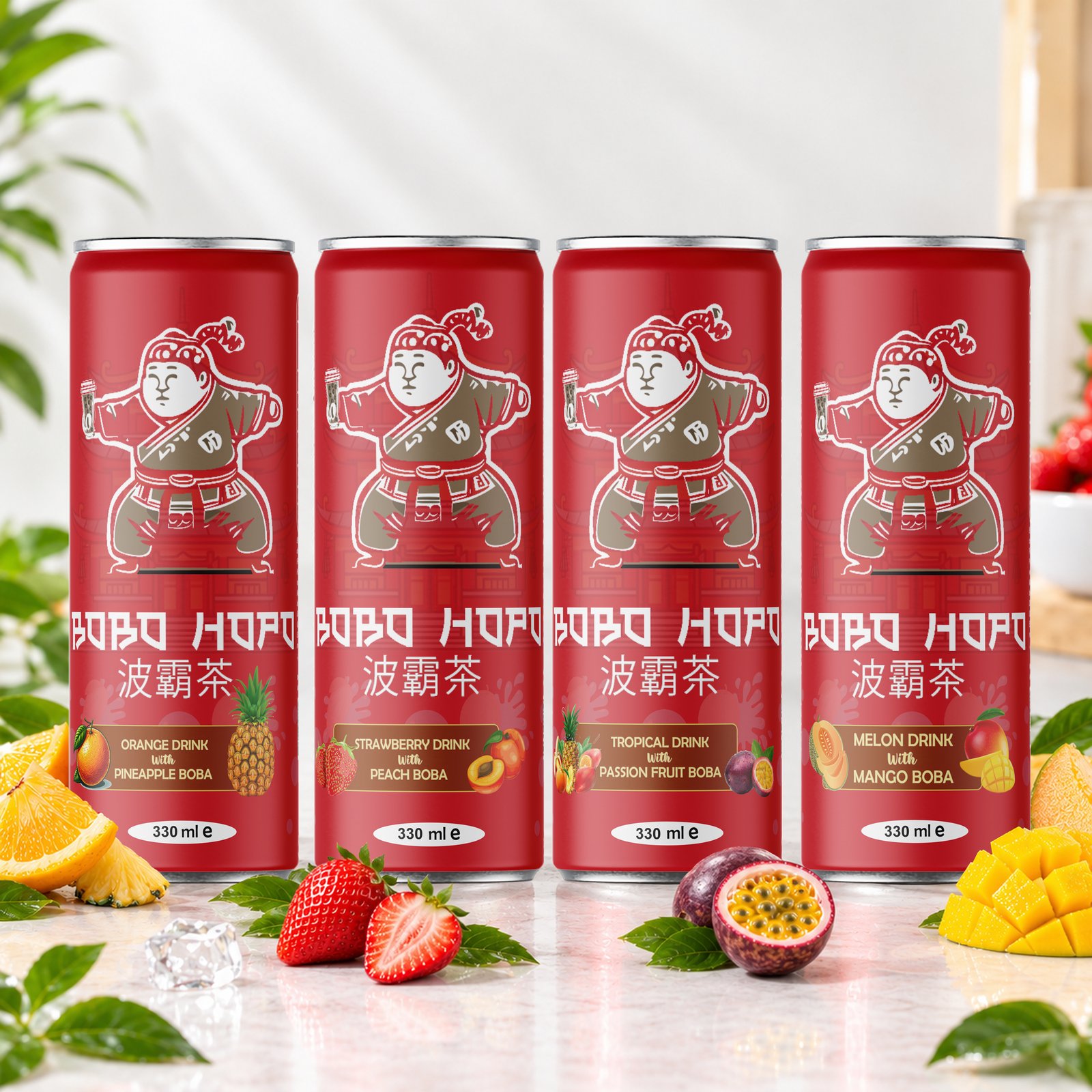 Bobo Hopo 330 ml bubble tea cans in pineapple, peach, passion fruit and mango boba flavours displayed with fresh fruit and ice.